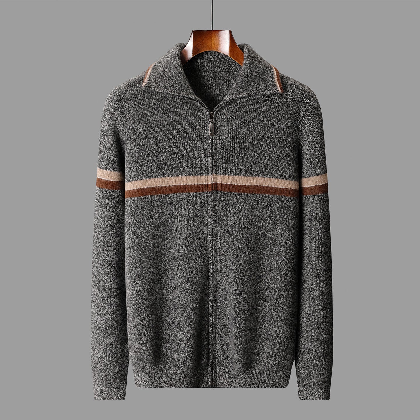 Mens High-Neck Ingot-Clasp Cardigan Sweater With Horizontal Stripes And Zipper Closure