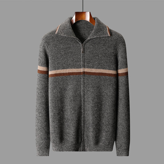Mens High-Neck Ingot-Clasp Cardigan Sweater With Horizontal Stripes And Zipper Closure
