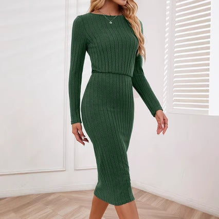 Knitted Long Skirt Minimalist Commuter-Style Long-Sleeve Dress