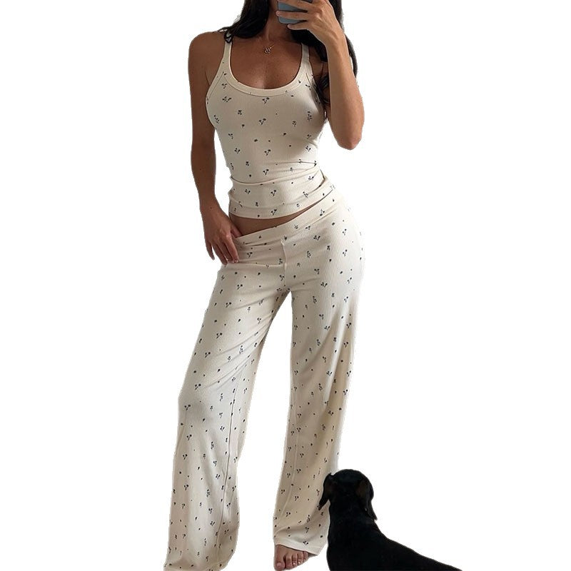 Womens Casual Printed Sleeveless Top And Fashionable Long Pants Two-Piece Set