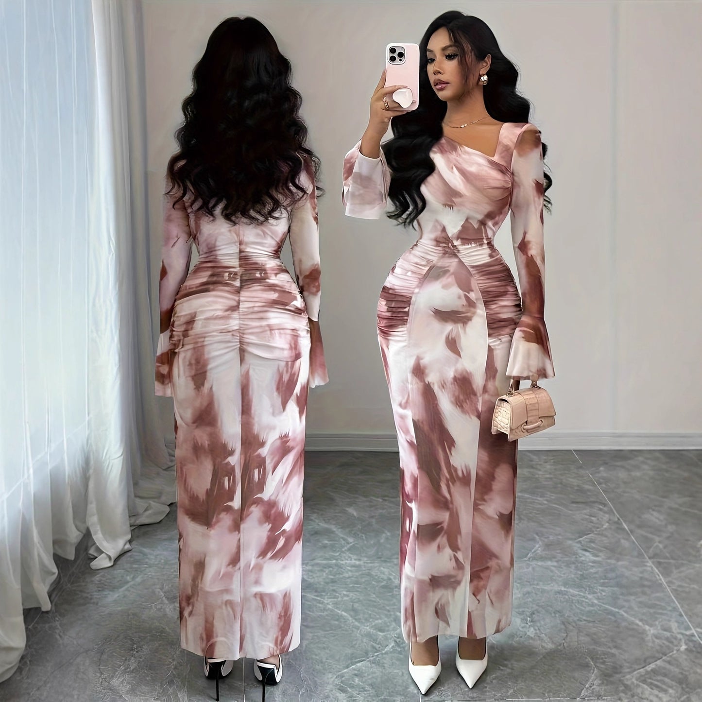 Elegant Tie-dye Printed Mesh-design Dress