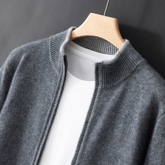 Modecardigan til mænd, med lynlås og opretstående krave, farvekontrasterende, tyk sweater