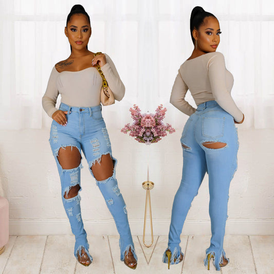 Ripped Fringe Uregelmæssig Slids Pencil Jeans