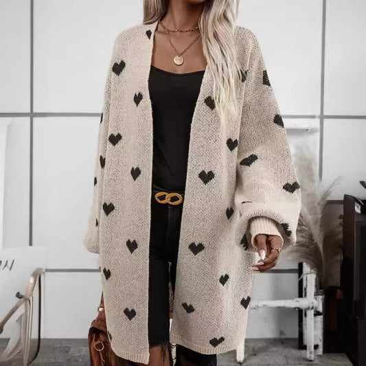 Long Heart Jacquard Sweater Coat