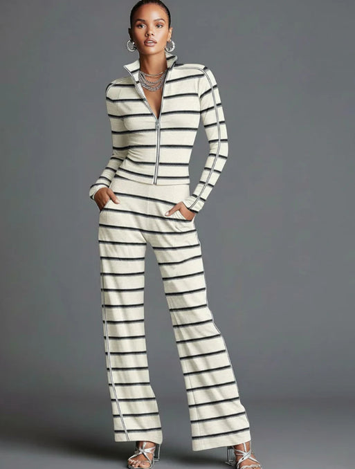 Sporty Retro Off White Striped Knit Zipper Top And Wide Leg Pants Set