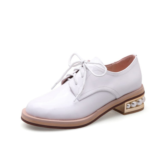 Spring And Autumn Shiny Round Toe Small Leather Shoes Mid-heel Platform
