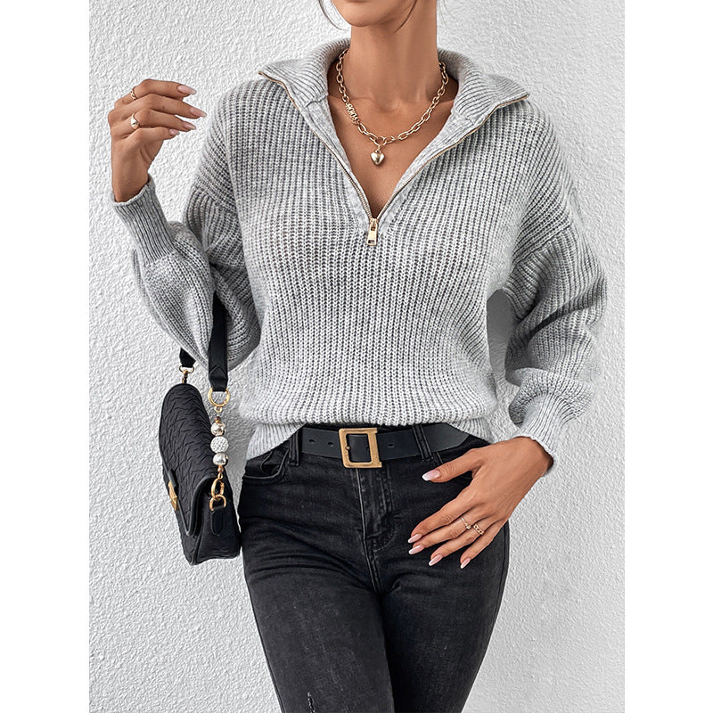 Women's Zipper Pullover Solid Color Loose Casual Long Sleeves Sweater