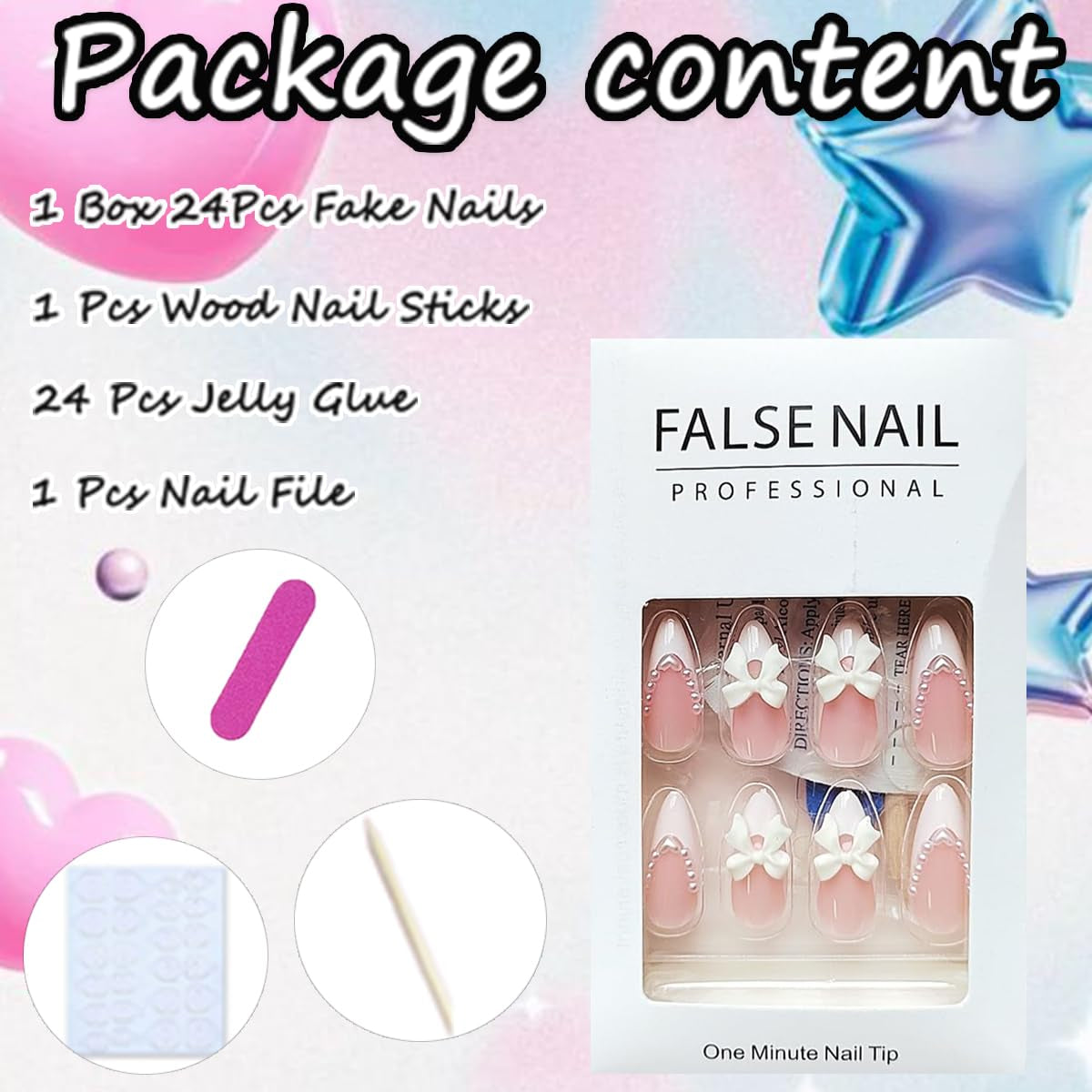 24Pcs Almond Press on Nails French Tips Short Fake Nails with Cute Bow Charms Design French Press on False Nails Nude Pink Acrylic Nails Almond Shaped Artificial Nails for Women Girls Manicure Tip