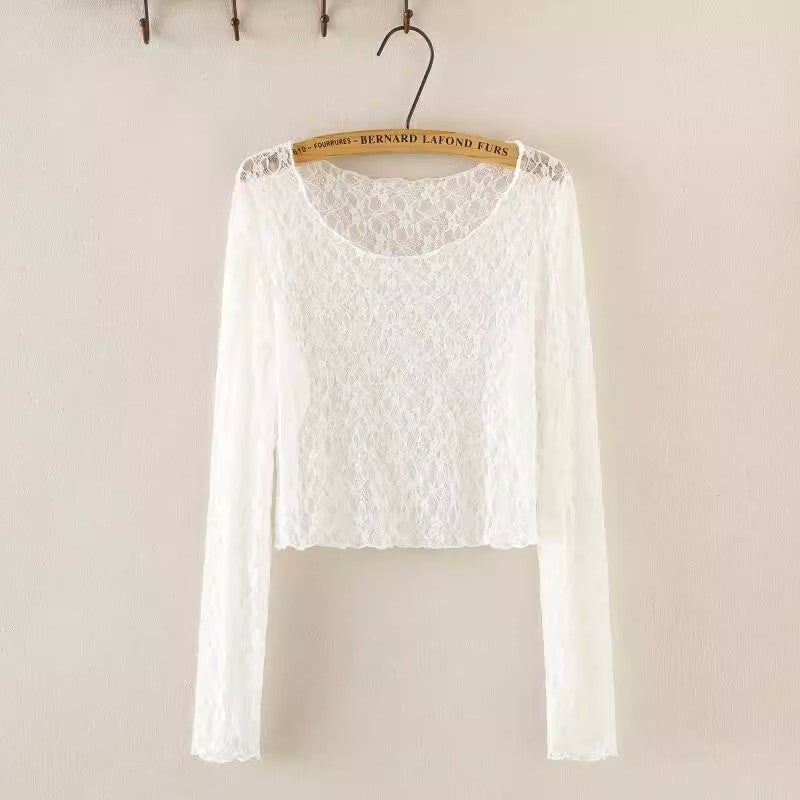 Big Neckline Long Sleeve Lace Stretch Slim Short Chic Crocheted Top