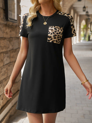Leopard-print Patchwork Pocket Raglan Short-sleeve Crewneck Pullover Dress