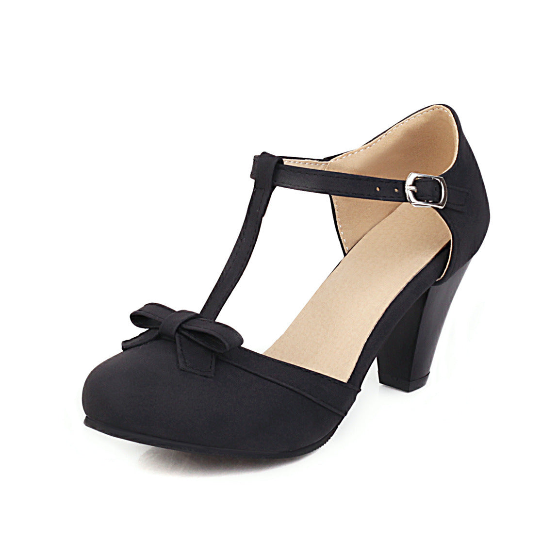Bow knot thick heel T-shaped buckle high heels