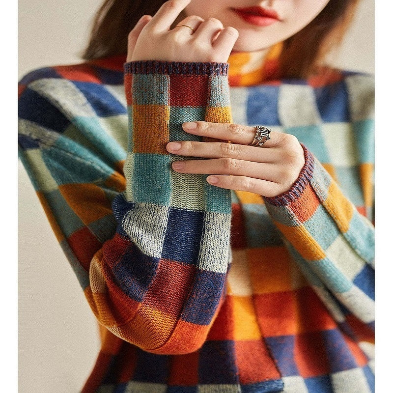 Women's Colorful Chessboard Plaid Turtleneck Laid-back Figure Flattering Sweater