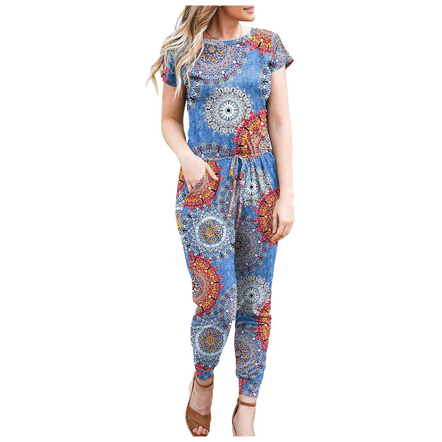 Women's Short Sleeve Printed Stretch Jumpsuit Women