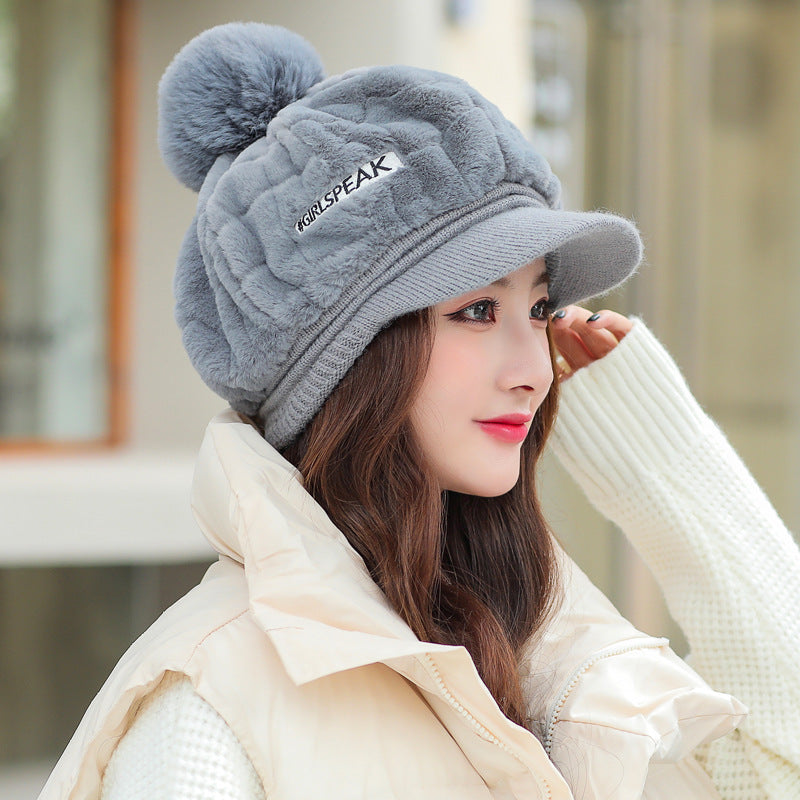 Rabbit Fur Warm Peaked Cap Cute Winter Fur Ball Cold Protection Hat