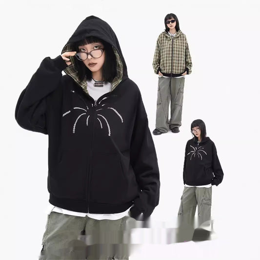 Sequins Hooded Cardigan American Plaid Two-sided Sweater