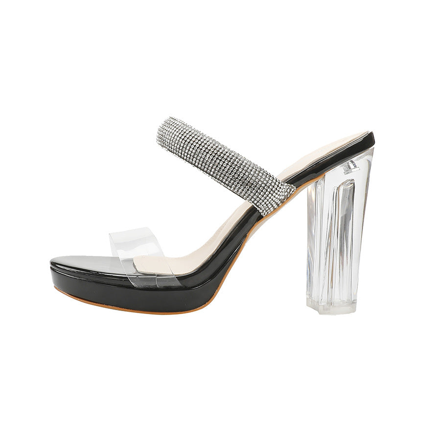 Slender Sandals With Rhinestone Transparent Thick Heel Women's Shoes