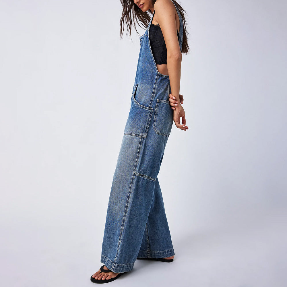 Pocket Sling Adjustable Strap Wide-leg Overalls Denim Jumpsuit