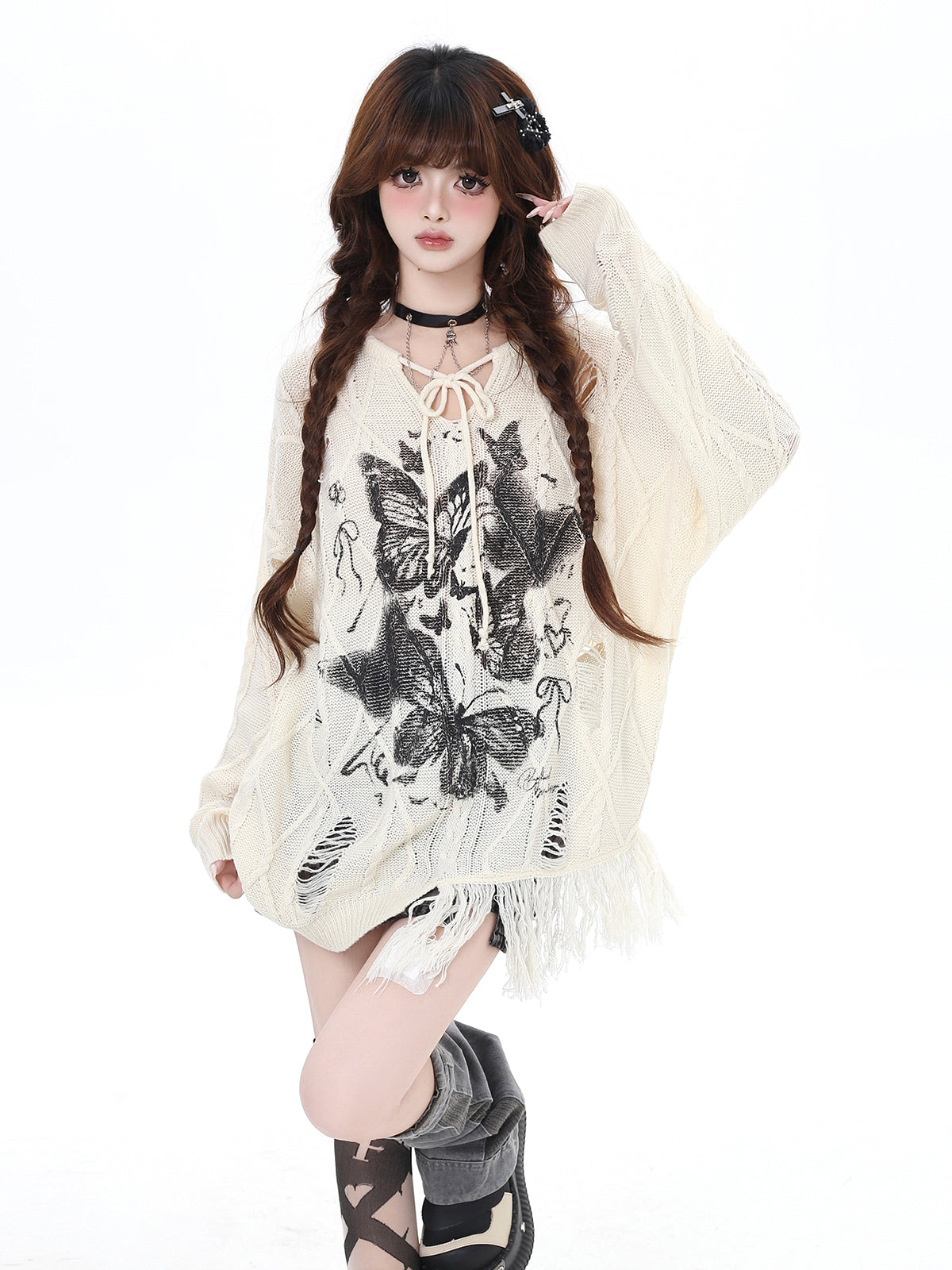 Ripped Retro Butterfly Printed V-neck Hollow Long Sleeve Knitted Sweater