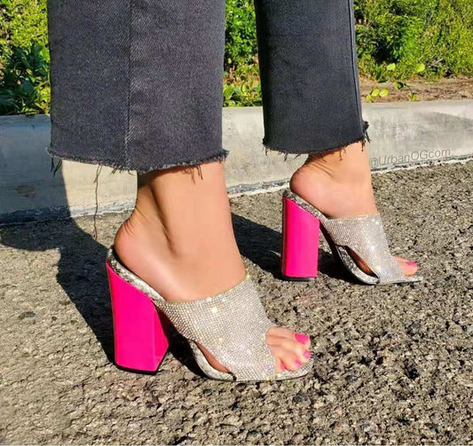 Greet Square Head Rhinestone Thick High-heel Sandals And Slippers
