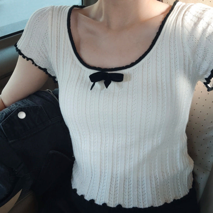 American Style Shoulder Contrast Color Lace Bow Ice Silk Knitted Short Sleeve