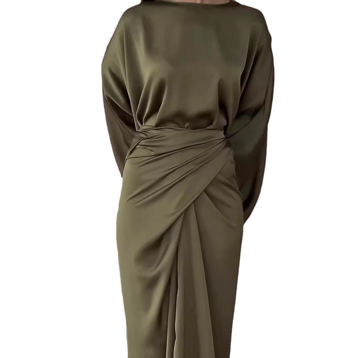 Batwing Sleeve Belt Waist Slimming Solid Color Dress