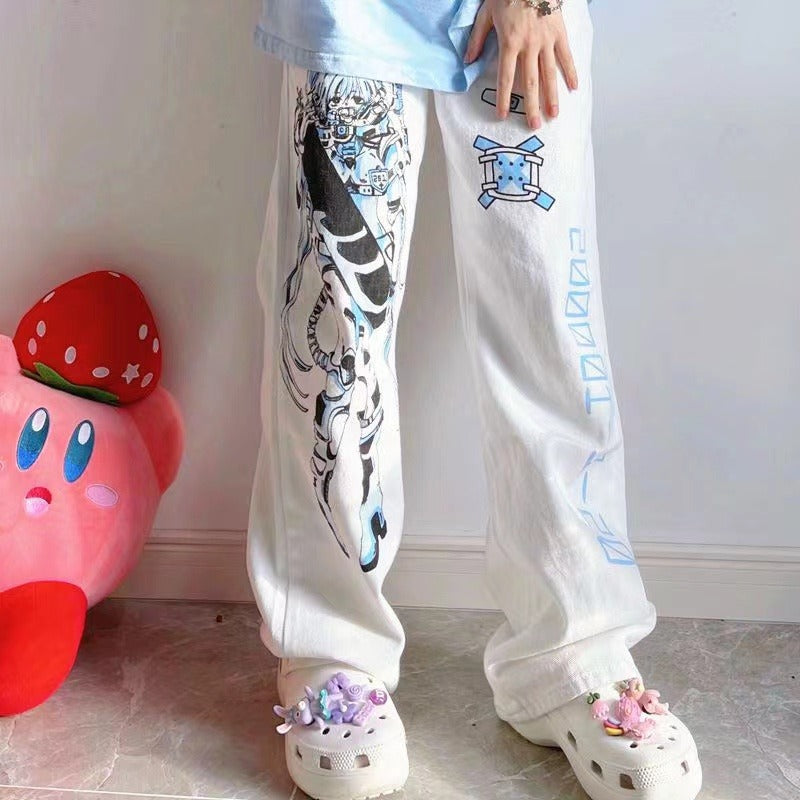 Women's Fashion Simple Cartoon Print Straight Casual Trousers