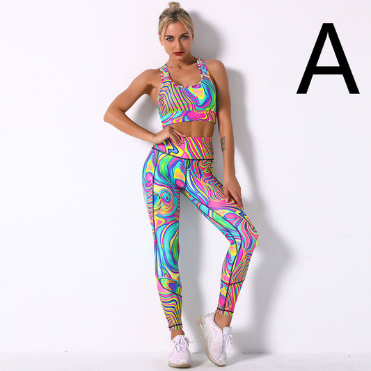 Digital Printing Shockproof Gather Bra Yoga Sports Fitness Suit Set