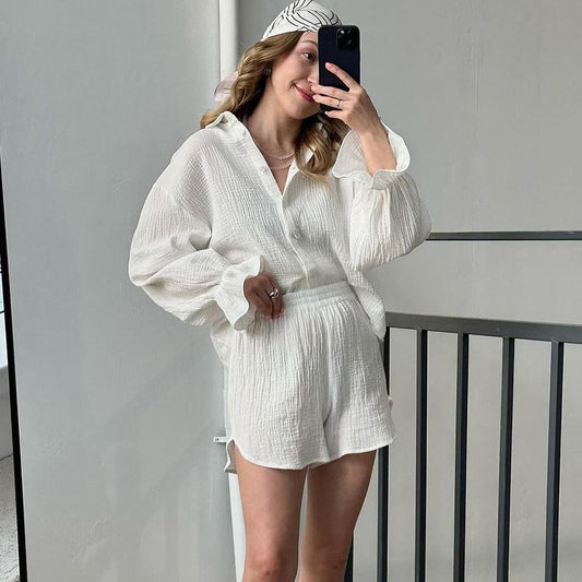 Loose Comfortable Soft Cotton White Long-sleeve Shorts Loungewear Set