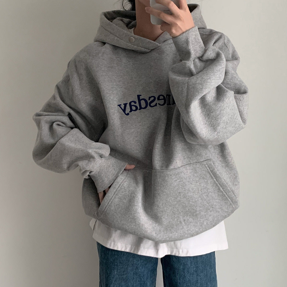 South Korea Chic Winter Student Loose Embroidery Hooded Fleece Lined Sweater