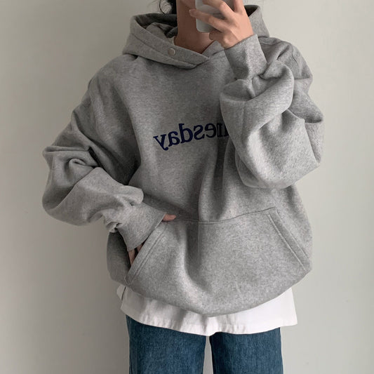 South Korea Chic Winter Student Loose Embroidery Hooded Fleece Lined Sweater