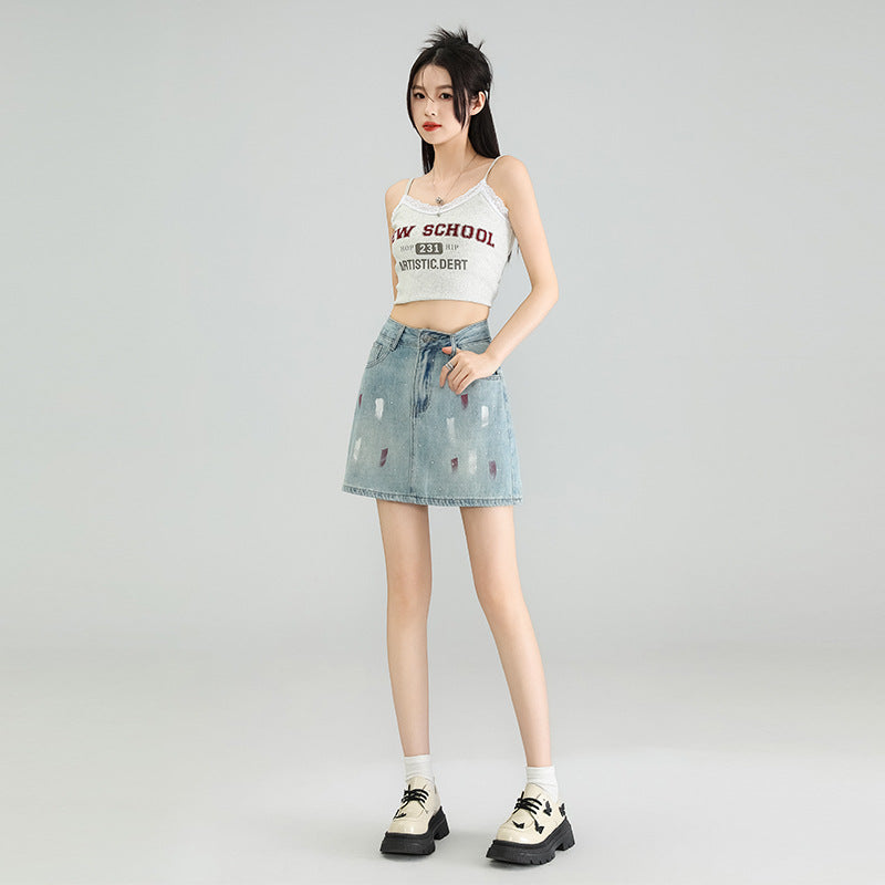 Rhinestone Lining Base Denim Skirt Graffiti Denim