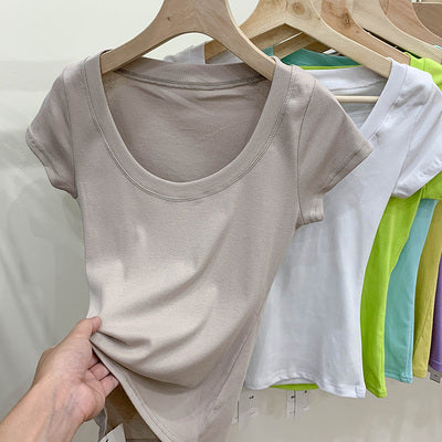 Cotton T-shirt Women's Short Sleeve Low Collar Collarbone