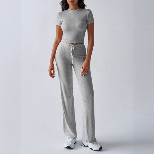 SpringSummer Elegant Solid Color Crew Neck Short Sleeve Top And Pants Set