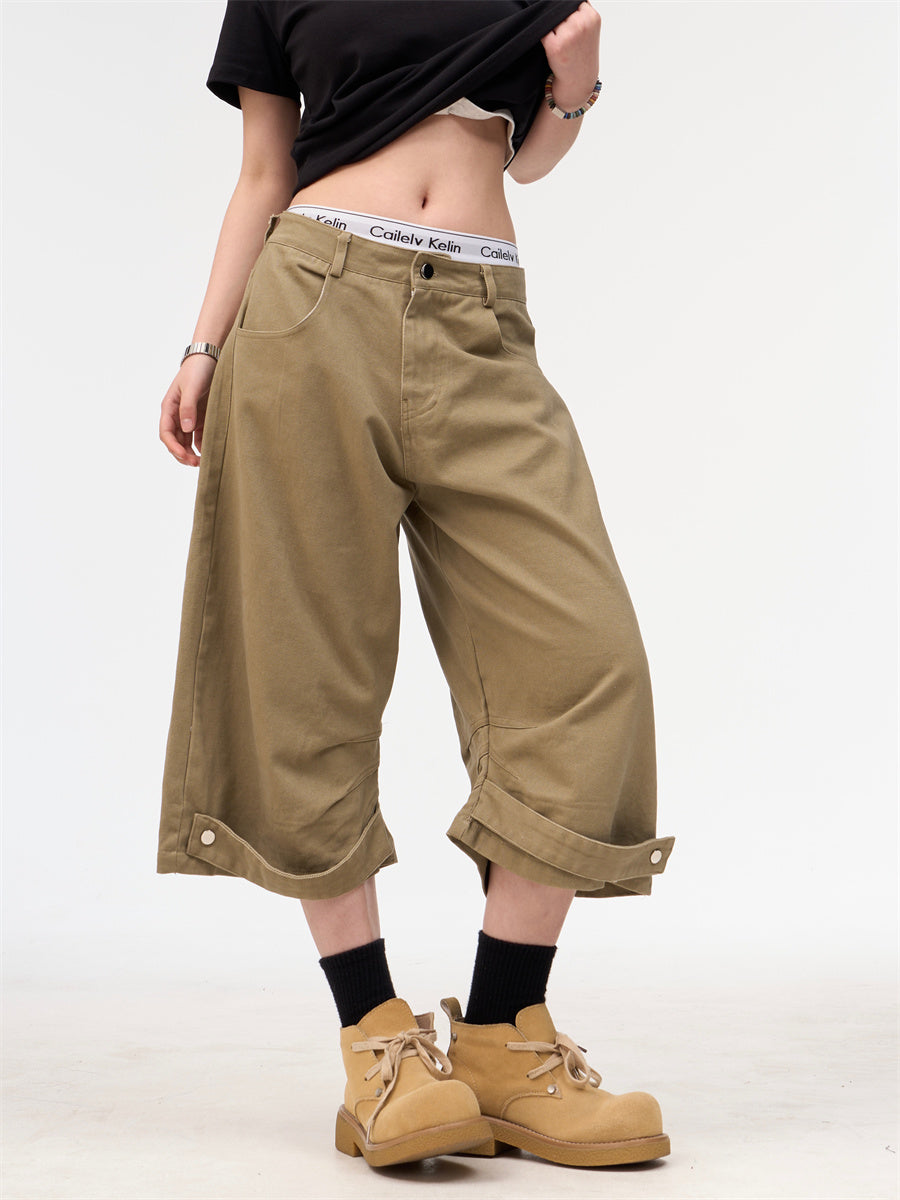 Retro Khaki Workwear Cropped Pants For Women