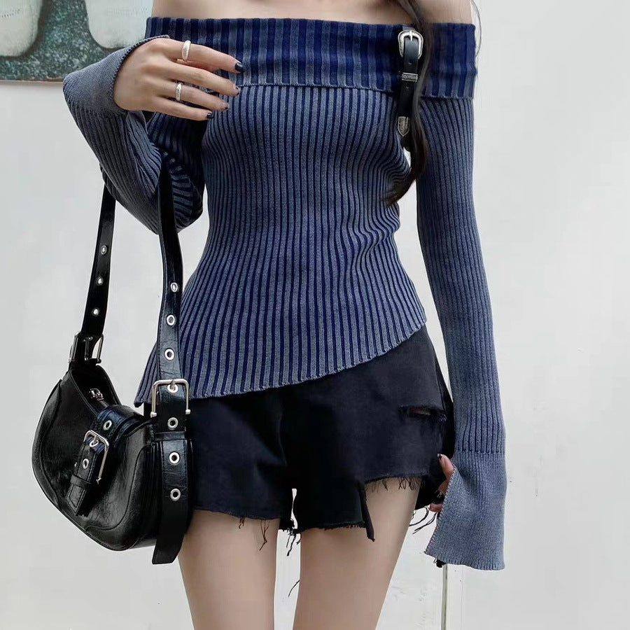 French Retro Ins Lapel Elegant Knitwear Women's Off-shoulder Buckle Distressed Split Flare Sleeve