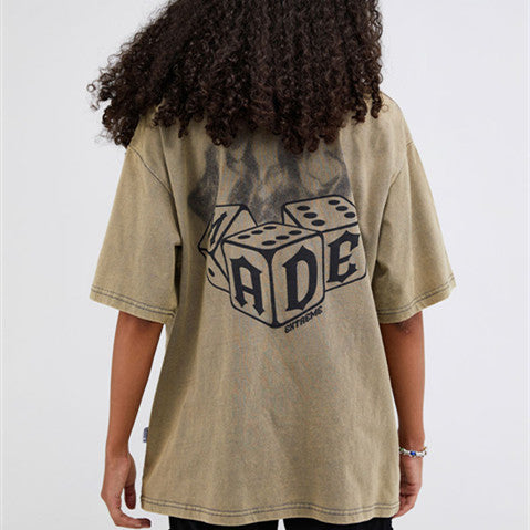 Street Retro Men's Flame Dice Printed Washed Distressed T-shirt