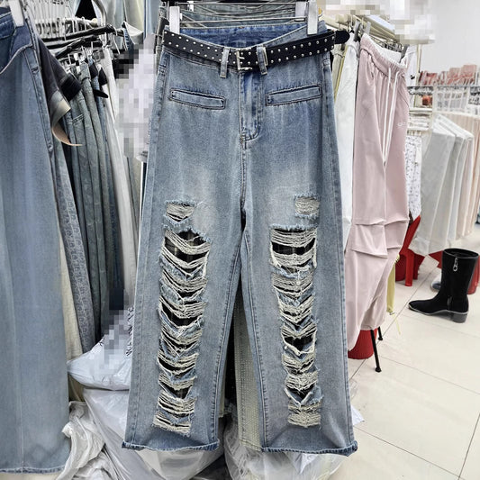 Blå Lige Jeans med Huller
