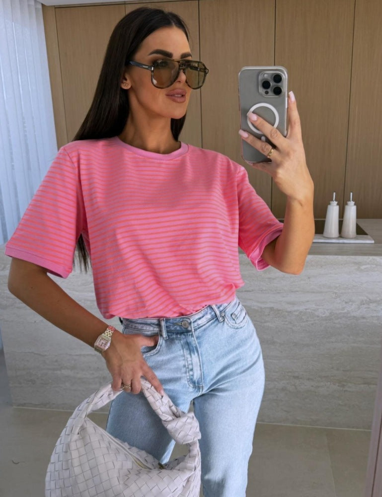 Summer Casual Striped Round Neck Loose Color Matching Short Sleeve