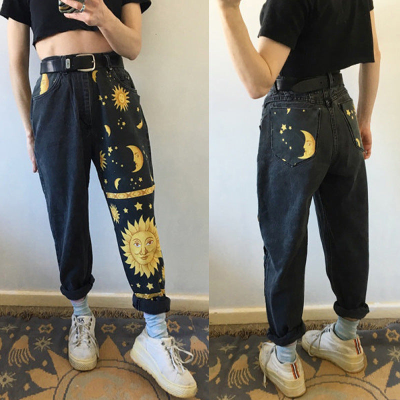 Digital printed straight-leg pants hipster trousers jeans