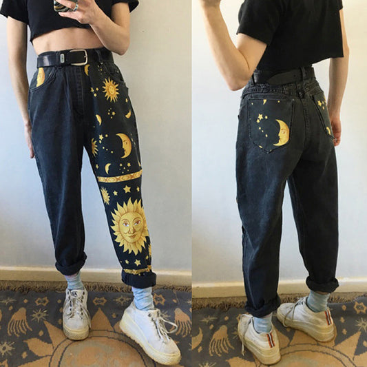 Digital printed straight-leg pants hipster trousers jeans