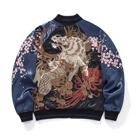 Heavy Duty National Style Kylin Beast Embroidered Baseball Jacket