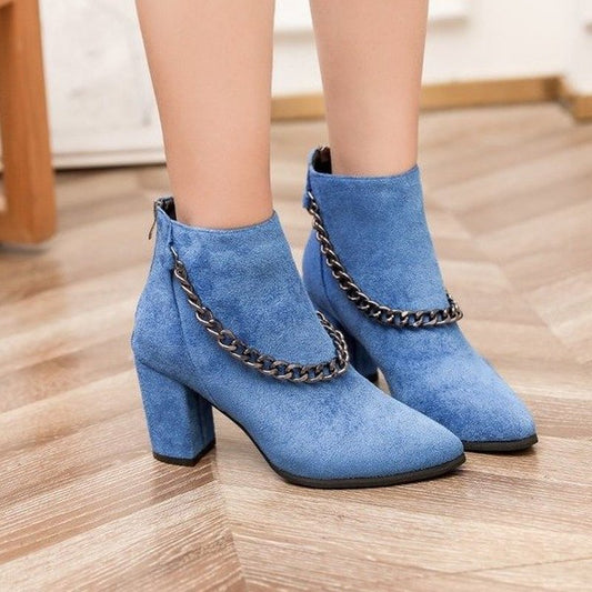 New Short Tube Pointed Toe Suede Thick Heel High Heel Metal Chain Zipper Martin Boots