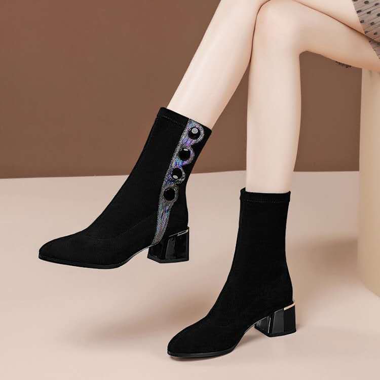 Women's Rhinestone Pointed Toe And Velvet High-heeled Ankle Boots