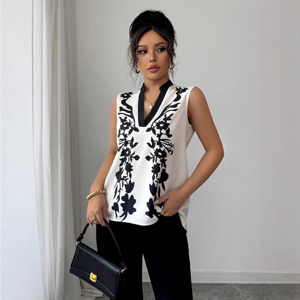 Womens Sleeveless Top With A V-neck And A Stylish Printed Design