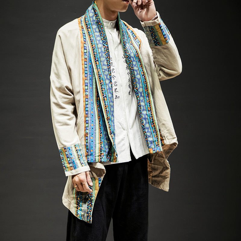 Kimono Cardigan Cotton Linen Trench Coat Color Matching Costume Top Men's Clothing