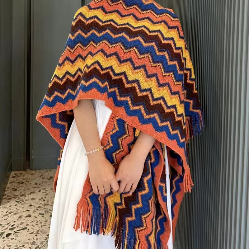 New Wave Pattern Geometric Long Beard Thickened Knitting Slit Travel Scenic Spot Warm Ethnic Style Shawl