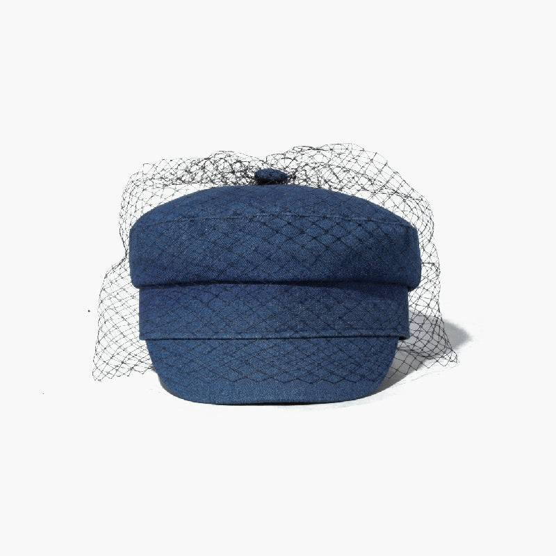 Women's Flat Top Denim Mesh Navy Hat