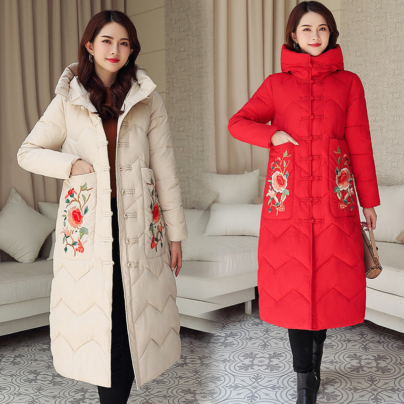 Winter New Vintage Cotton-padded Jacket Ethnic Embroidery Ladies Below The Knee Cotton Clothes