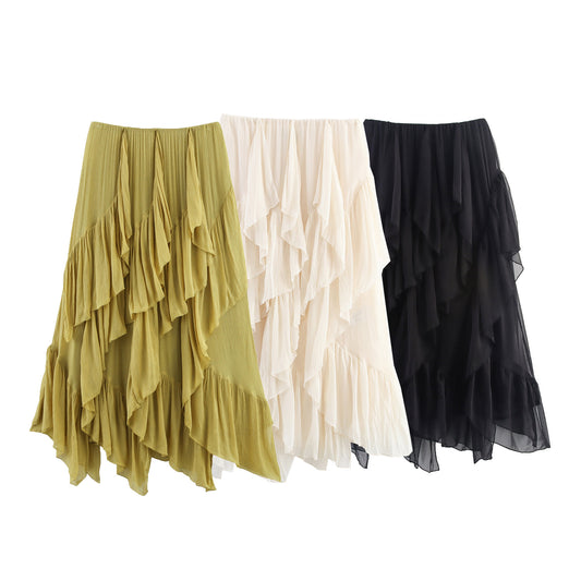 European And American-style Summer Womens Mid-length Ruffled Hem Skirt