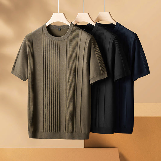Rundhalset Jacquardstrikket Kortærmet Sweater Til Mænd I Store Størrelser